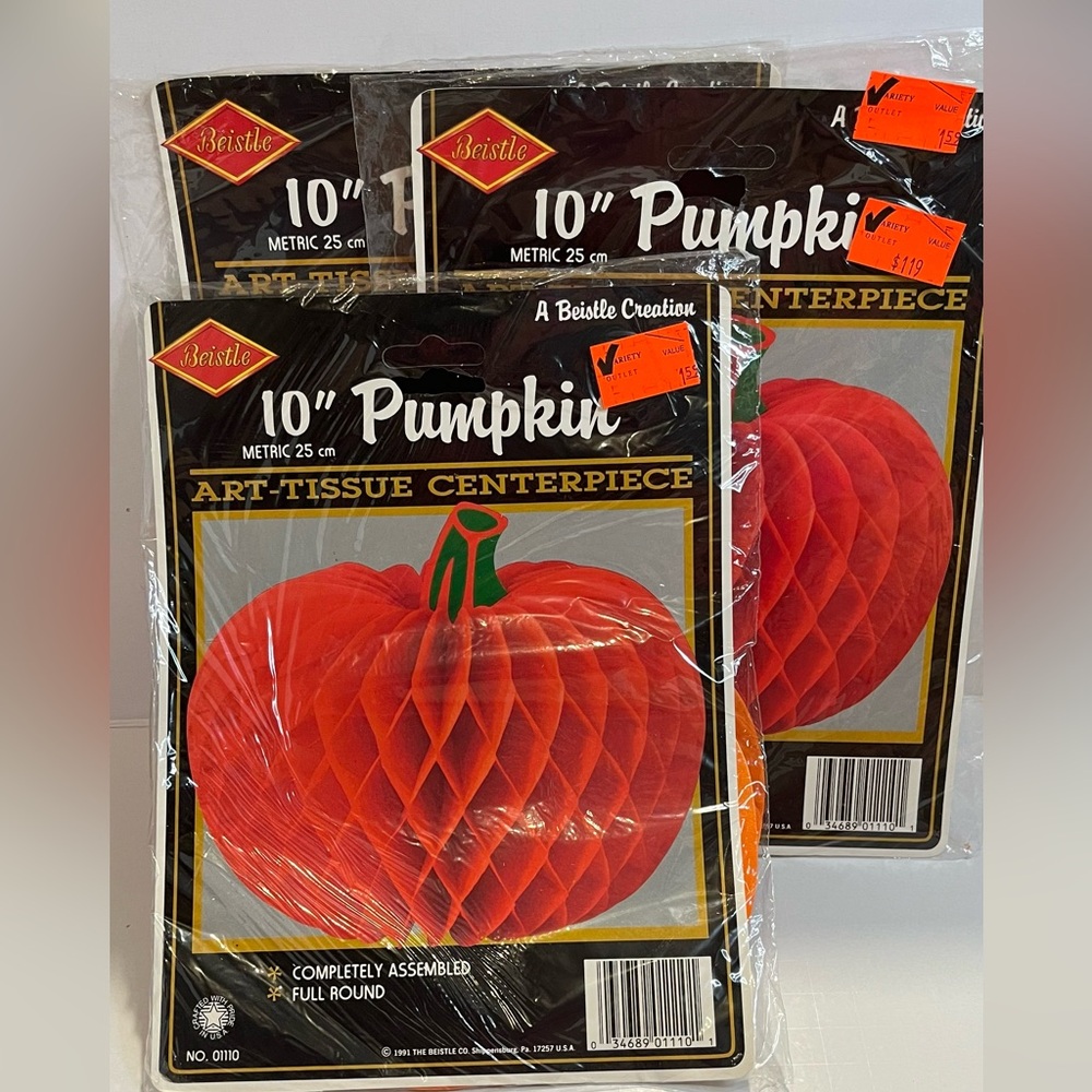3 Pumpkins Art Tissue 10”Centerpieces New In Package Vintage 1991 Beistle Co.